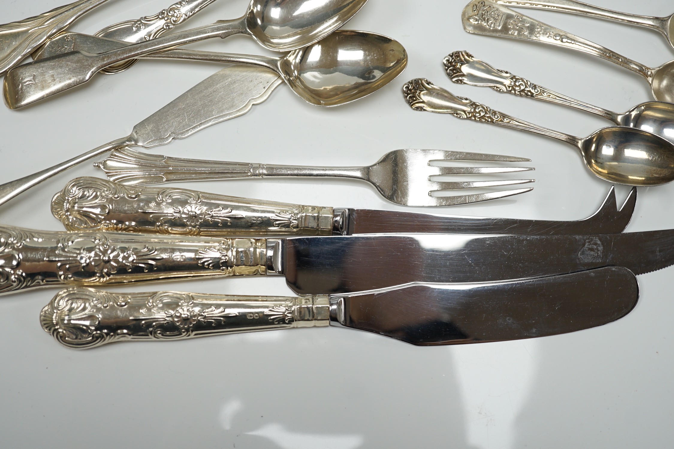 Sundry small silver, including flatware, pair of salts, a silver mustard pot and a silver fruit knife.